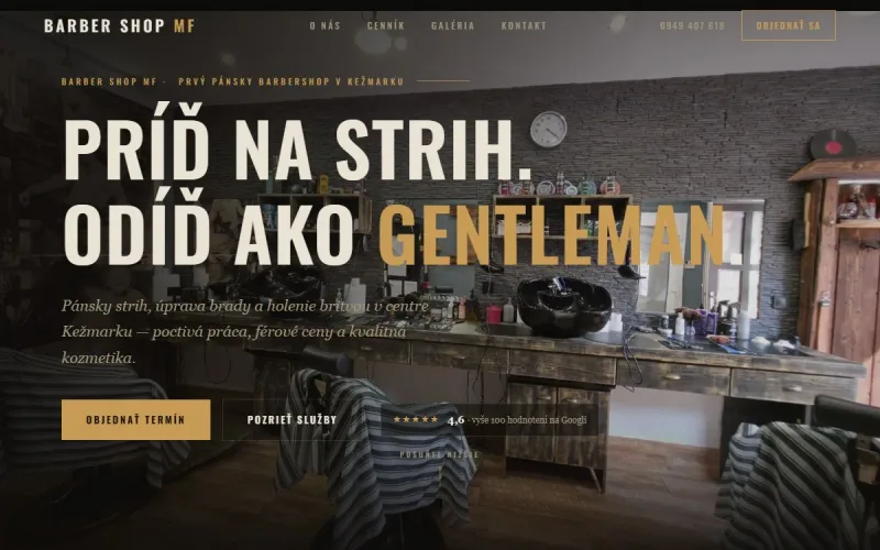 Web pre Barber Shop MF na Hviezdoslavovej v Kežmarku – cenník, galéria strihov a objednanie