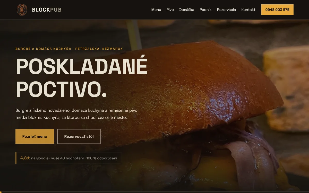 Úvodná obrazovka webu blockpub.sk – burger pub v Kežmarku
