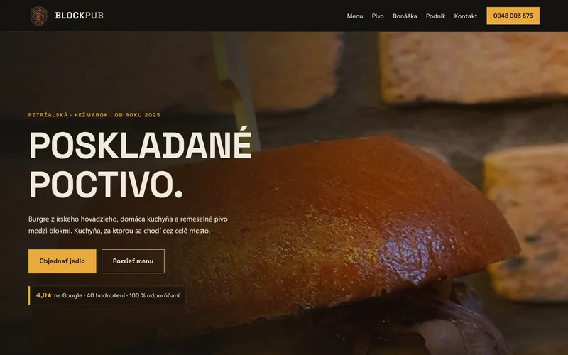 Web blockpub.sk – burger pub BLOCK PUB v Kežmarku s menu, donáškou a galériou podniku