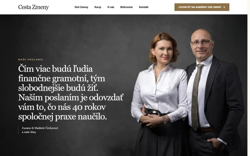 Web cestazmeny.sk – finančné vzdelávanie a kariérny rozvoj, tmavý editorial dizajn