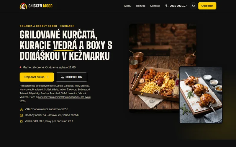 Web pre Chicken Mood na Baštovej v Kežmarku – menu, objednanie s donáškou alebo osobným odberom