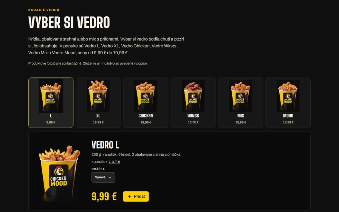 Sekcia „Vyber si vedro“ na webe chickenmood.sk – ponuka s cenami a pridaním do košíka