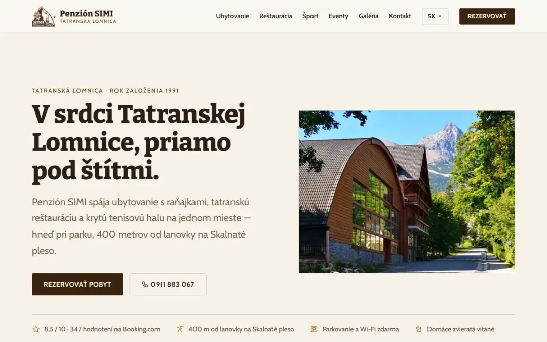 Úvodná obrazovka webu tatrysimi.sk – Penzión SIMI v Tatranskej Lomnici