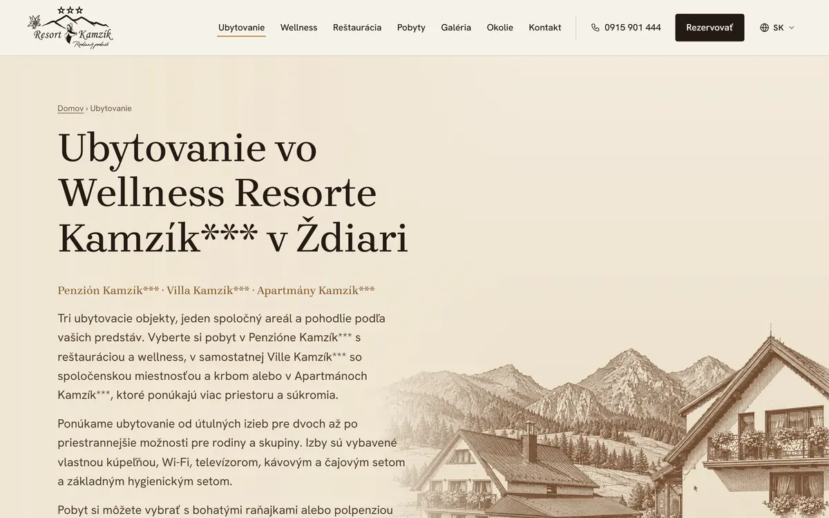 Stránka Ubytovanie na webe resortkamzik.sk – prehľad Penziónu, Villy a Apartmánov Kamzík v Ždiari