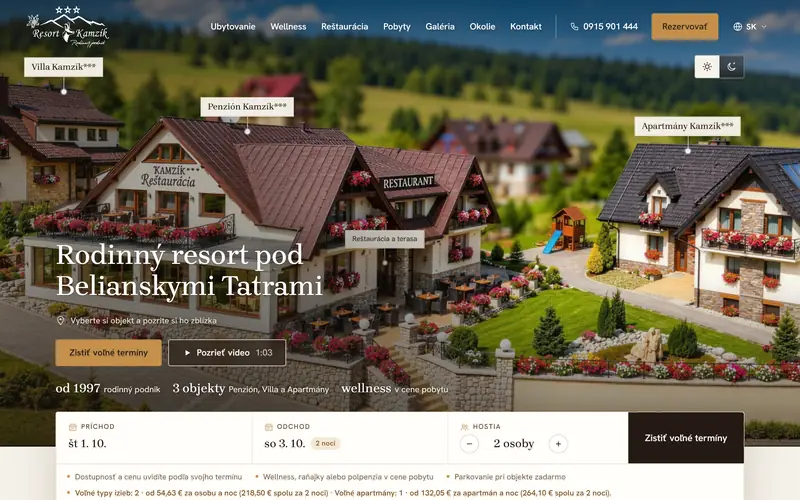Web Wellness Resort Kamzík – ukážka úvodnej obrazovky
