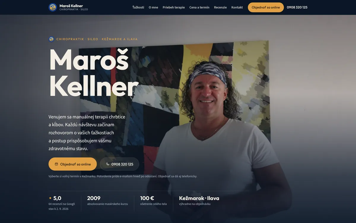 Úvodná obrazovka webu kellnerchiropraxia.sk – chiropraktik Maroš Kellner z Kežmarku