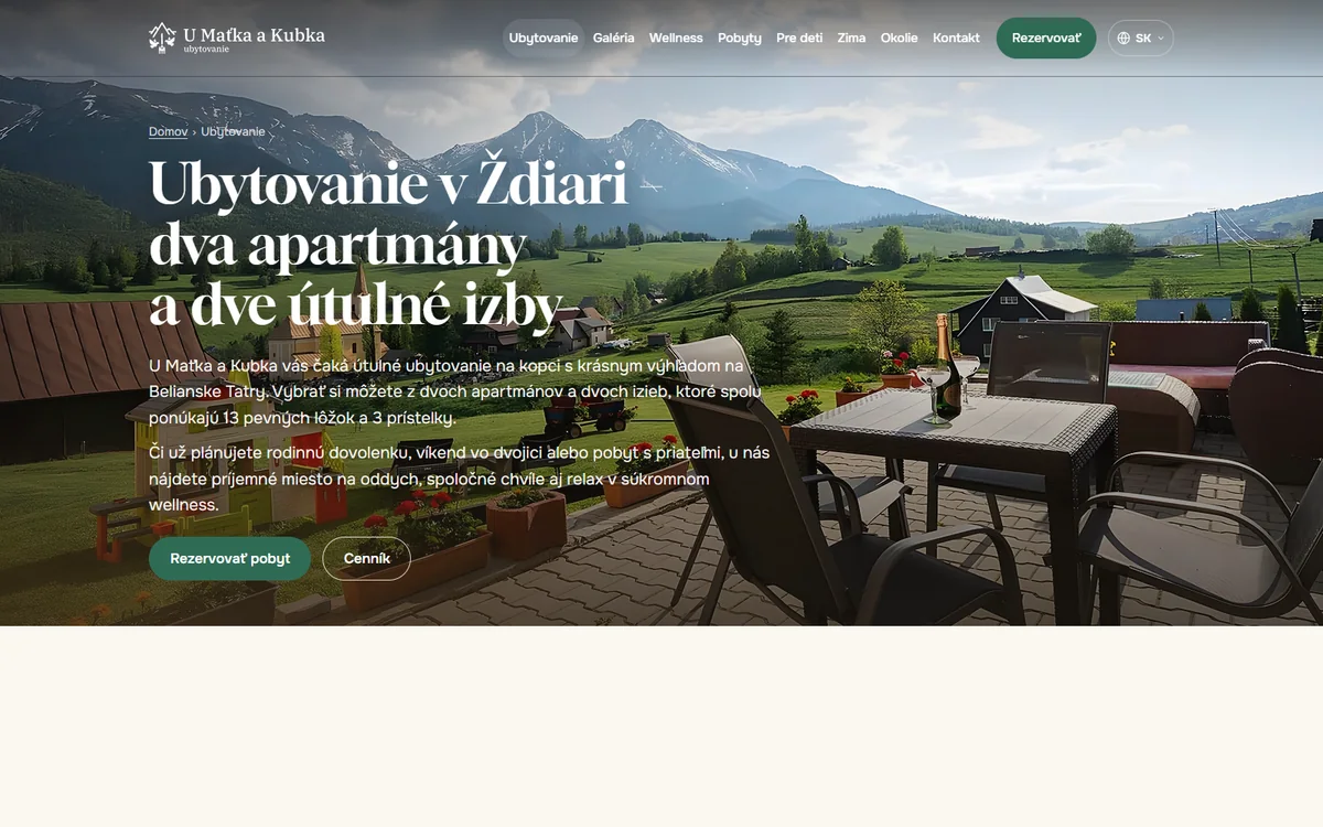 Stránka Ubytovanie na webe umatkakubka.sk – terasa s výhľadom na Belianske Tatry a nadpis Ubytovanie v Ždiari, dva apartmány a dve útulné izby