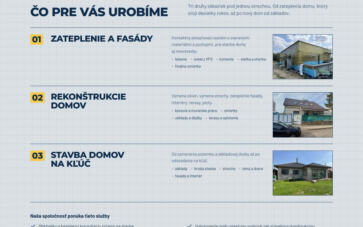 Sekcia služieb na webe techbau.sk – zateplenie a fasády, rekonštrukcie domov a stavba domov na kľúč s fotkami z realizácií