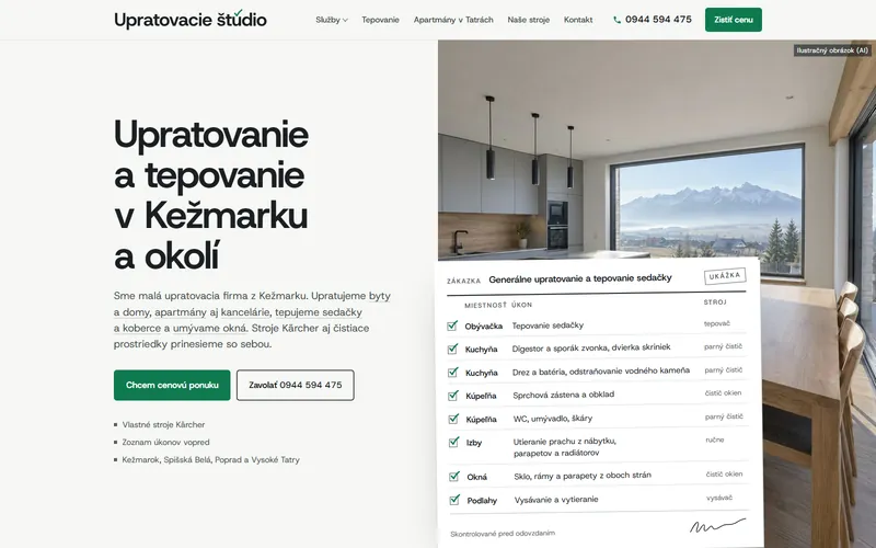 Web upratovaciestudio.sk – upratovanie a tepovanie v Kežmarku a okolí: úvodná obrazovka s kontrolnou kartou zákazky a tlačidlom Chcem cenovú ponuku