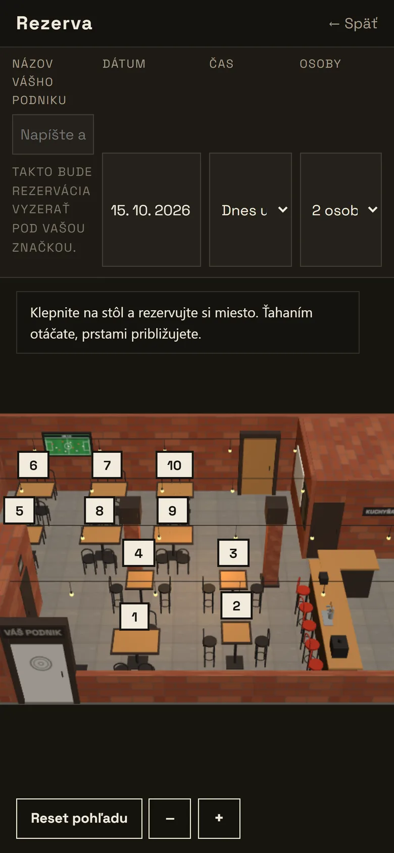 Rezerva na telefóne: kalendár izieb recepcie s menami hostí a cenami po dňoch