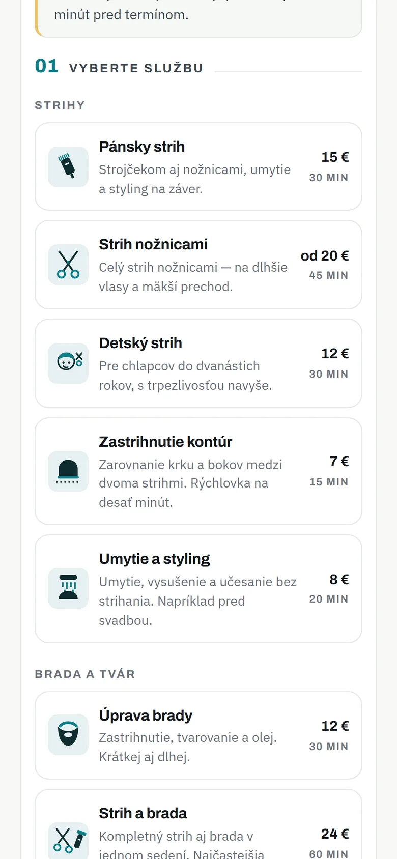 Zoznam služieb ukážkového barbershopu na telefóne: pánsky strih, strih nožnicami, detský strih s cenami a trvaním