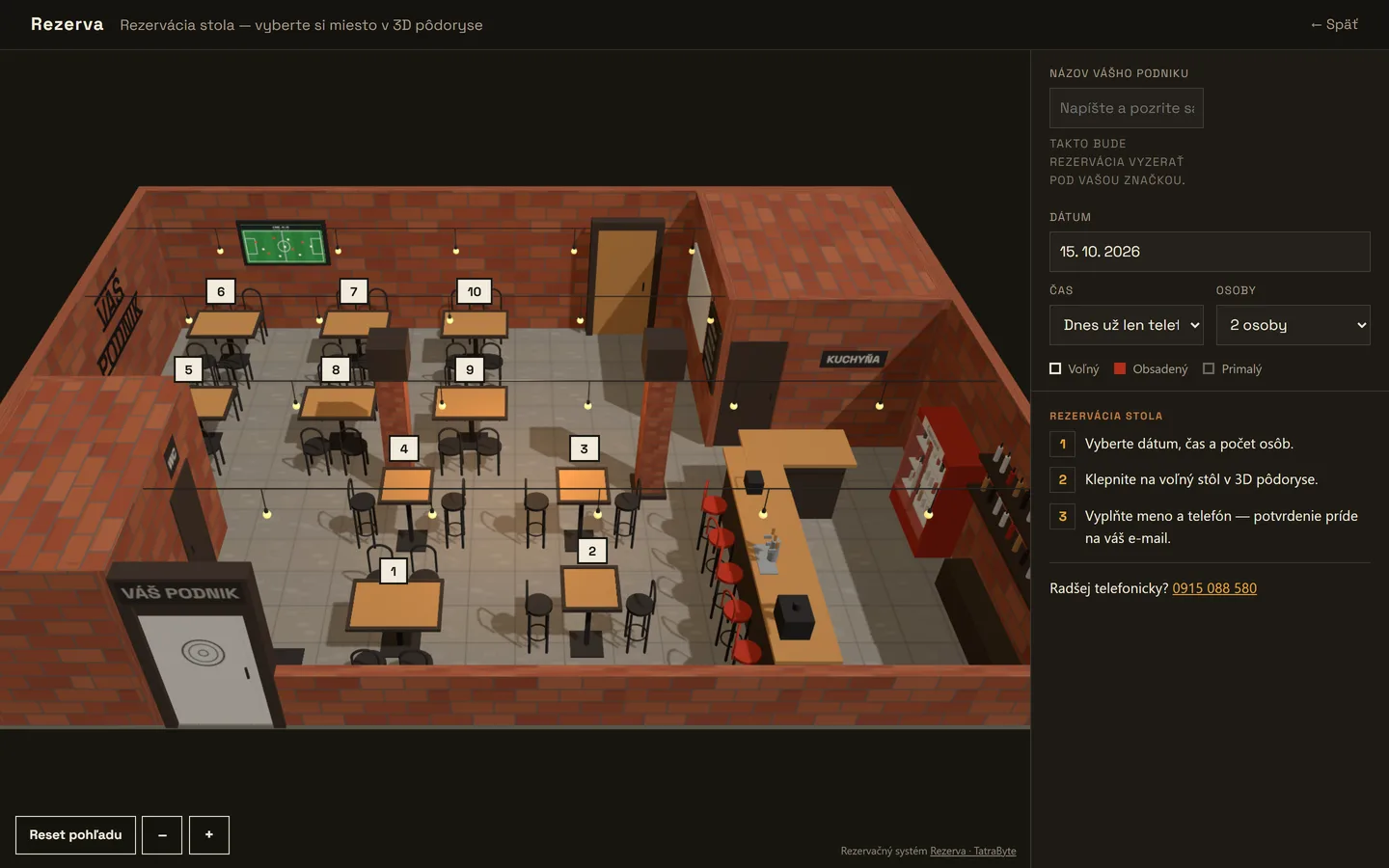 3D pôdorys ukážkovej reštaurácie v Rezerve: očíslované stoly, bar a kuchyňa, vpravo dátum, čas a počet osôb