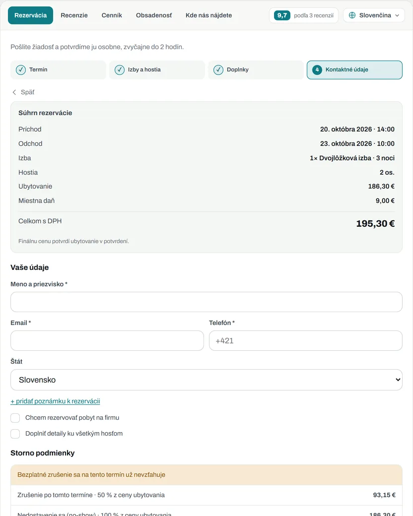 Štvrtý krok rezervácie: súhrn pobytu s cenou 195,30 € vrátane miestnej dane, kontaktné údaje, storno podmienky a tlačidlo Odoslať žiadosť s povinnosťou platby