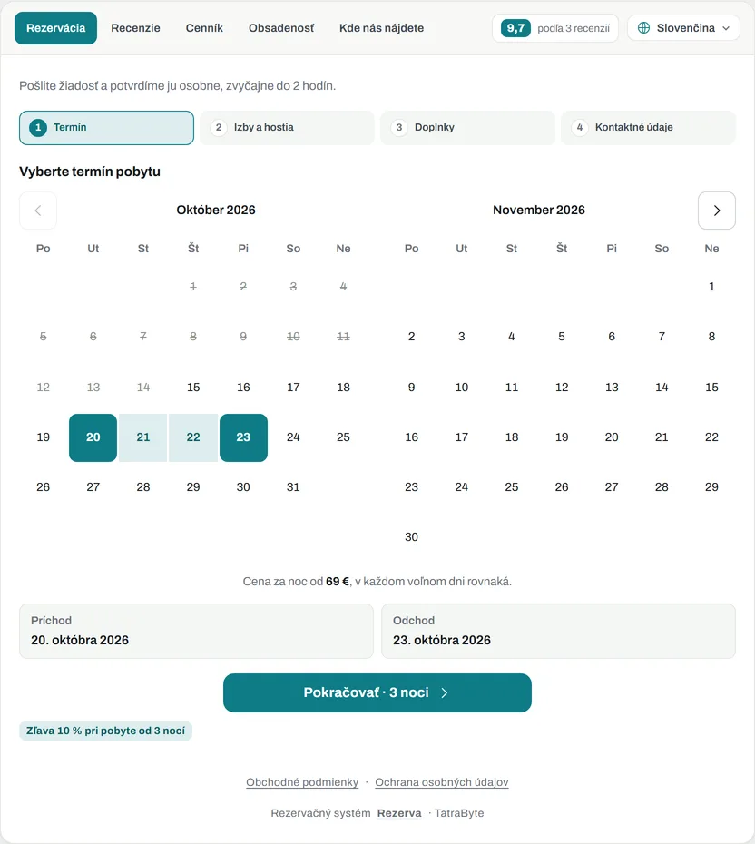 Rezervačný widget ukážkového penziónu: kalendár s termínom a krokmi rezervácie